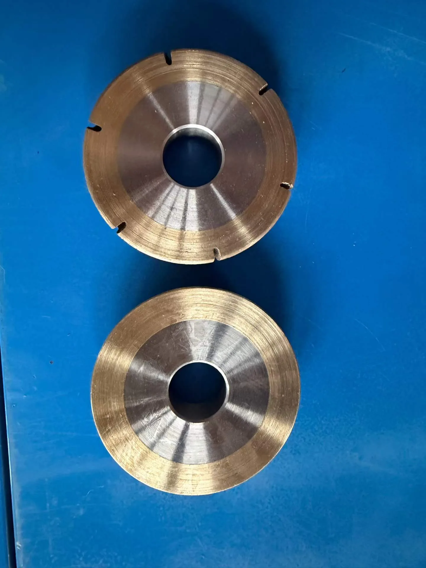 Front view of bonded abrasive grinding wheels with different profiles
