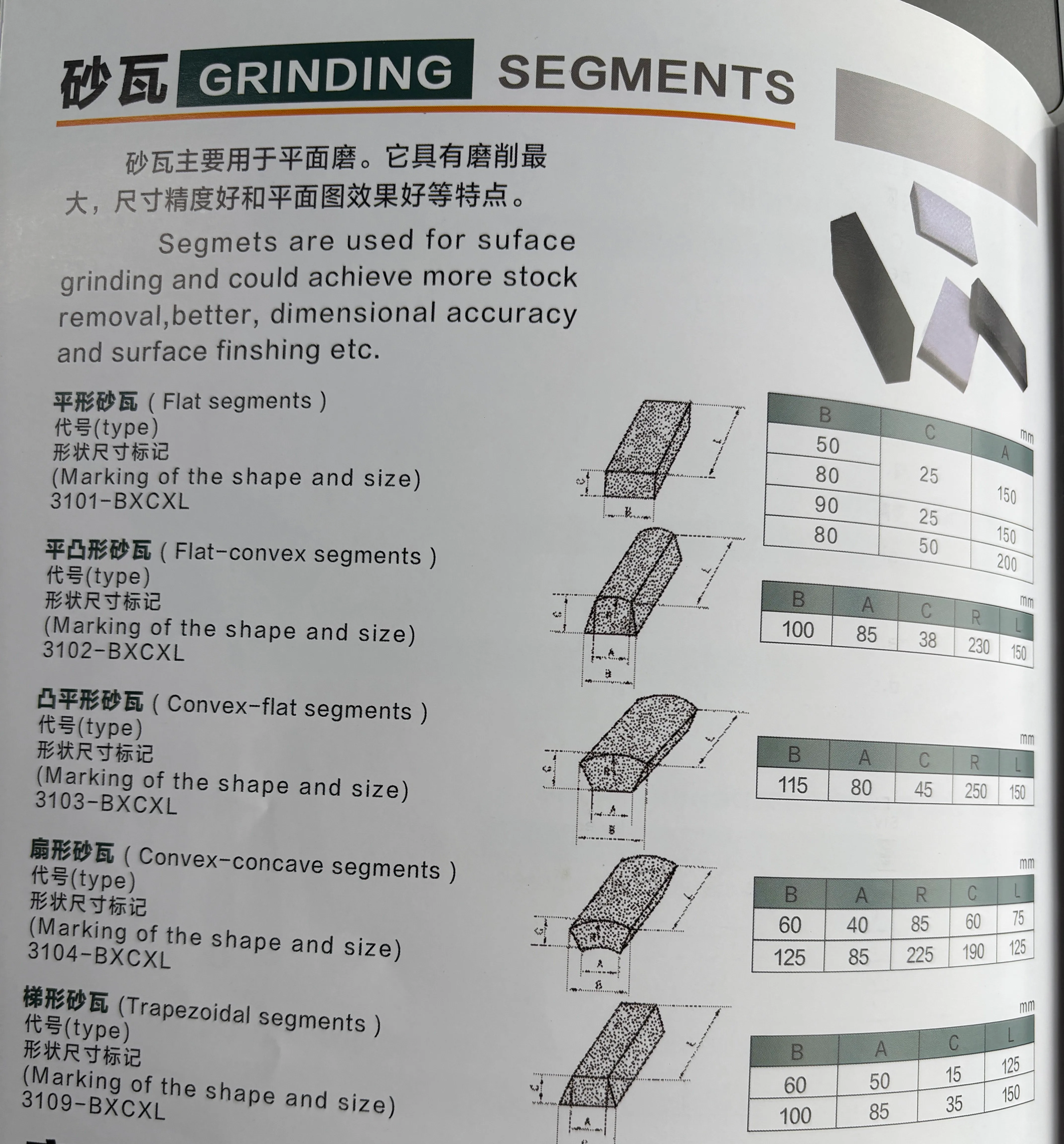 Grinding segment profile codes 3101, 3102, 3103, 3104 and 3109 with reference dimensions