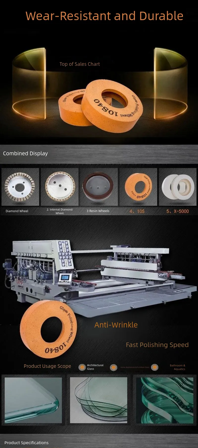10S Glass Polishing Wheel for Straight-Line and Double-Edging Machines product detail 1: material, dimensions and drilling application