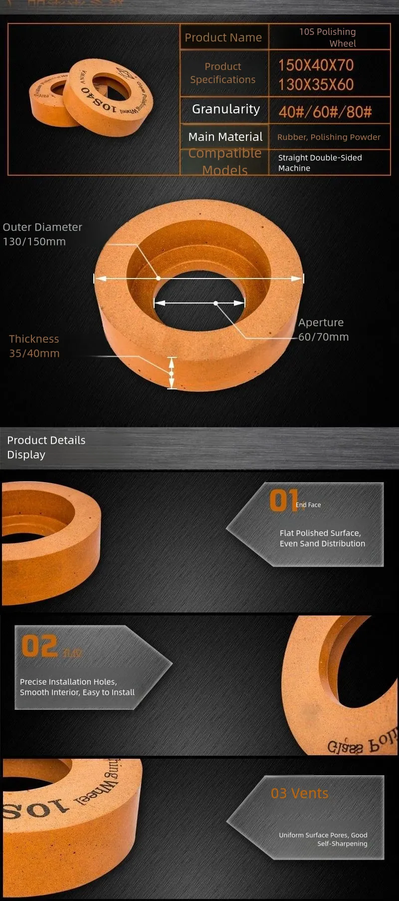 10S Glass Polishing Wheel for Straight-Line and Double-Edging Machines product detail 2: material, dimensions and drilling application
