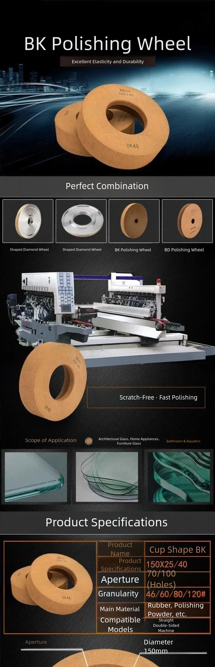 BK Cup Polishing Wheel for Glass Edging and Double-Edging Machines product detail 1: material, dimensions and drilling application
