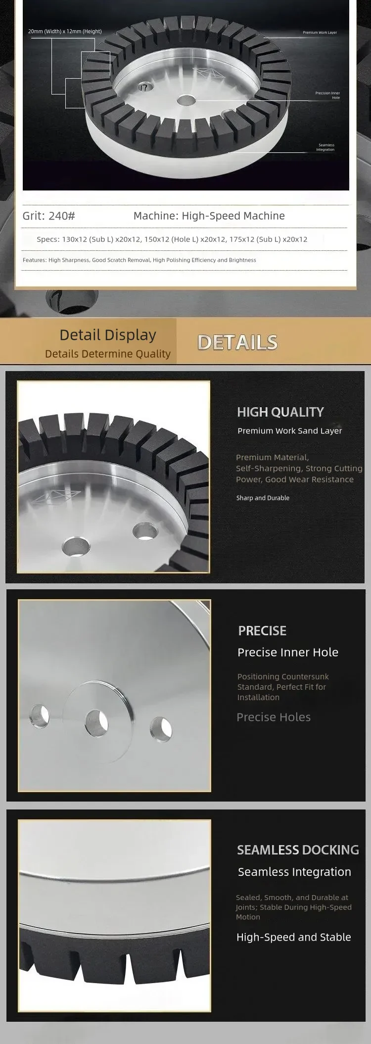 Black Dense-Tooth Resin Wheel for High-Speed Glass Double Edgers product detail 2: material, dimensions and drilling application
