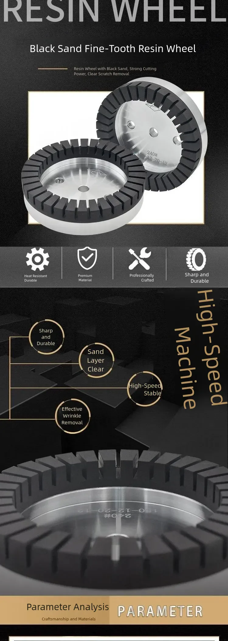 Black Dense-Tooth Resin Wheel for High-Speed Glass Double Edgers product detail 1: material, dimensions and drilling application