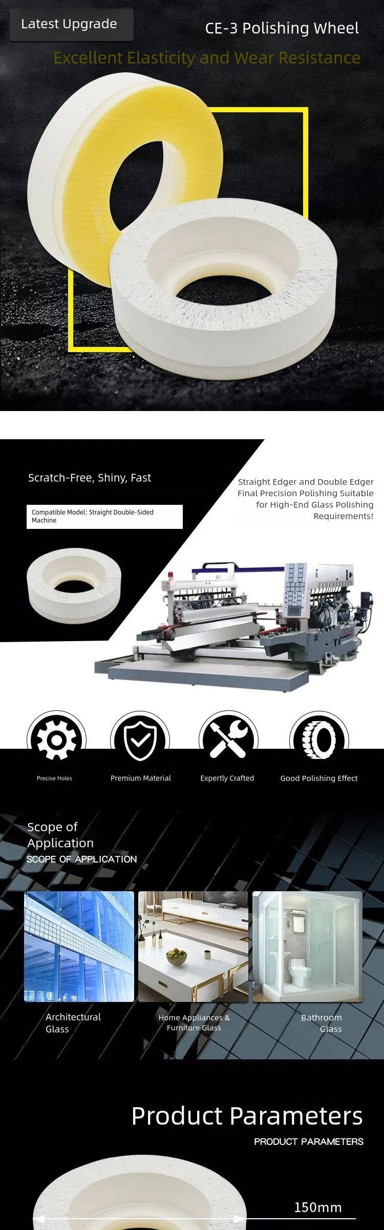 CE-3 Glass Polishing Wheel for Premium Glass Edging product detail 1: material, dimensions and drilling application