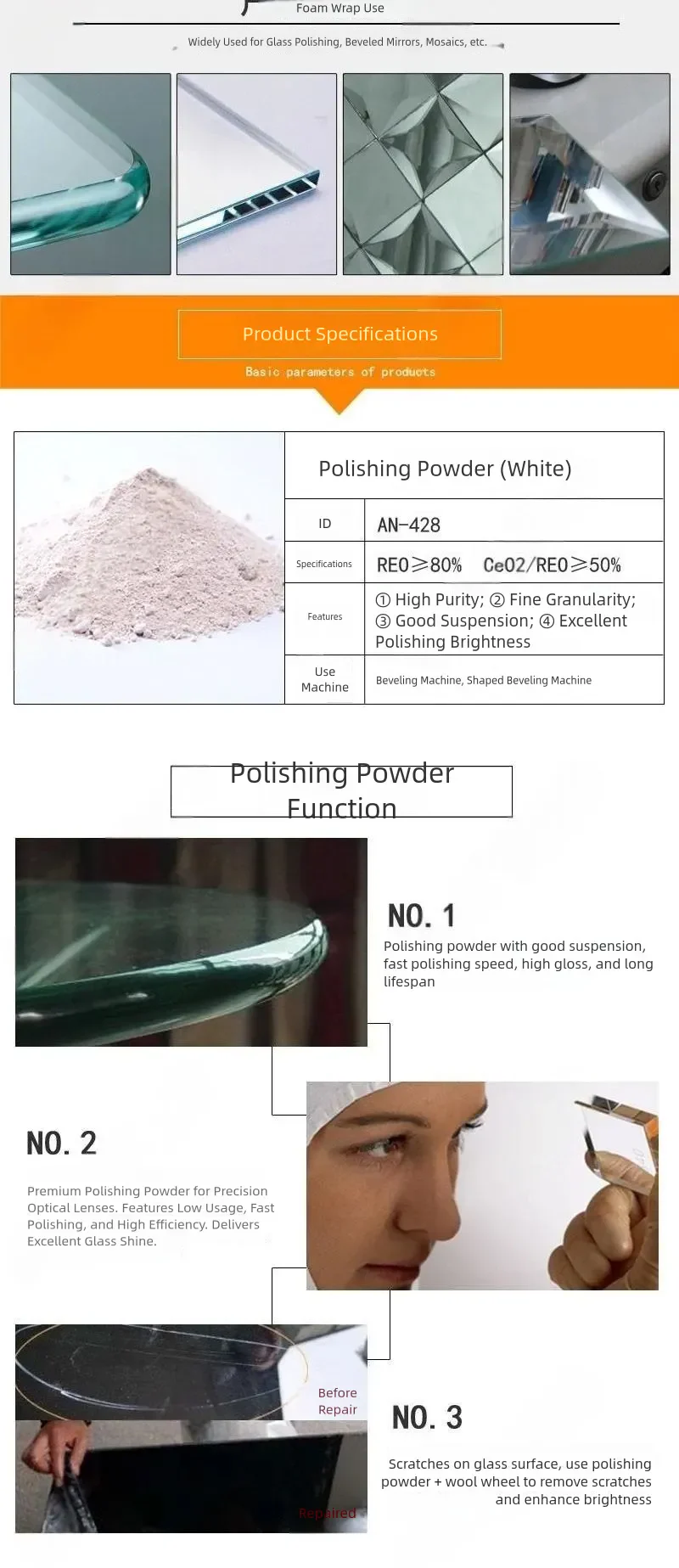 Cerium Oxide Glass Polishing Powder for Beveling and Surface Repair product detail 2: material, dimensions and drilling application