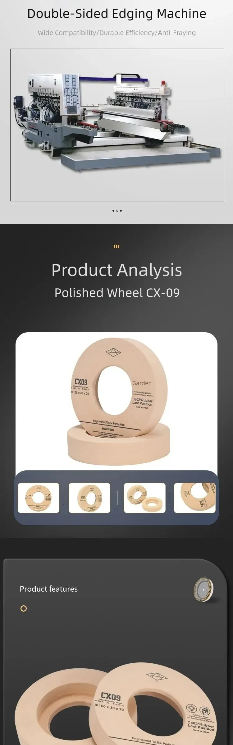 CX09 Fine Glass Polishing Wheel for Double-Edging Machines product detail 2: material, dimensions and drilling application