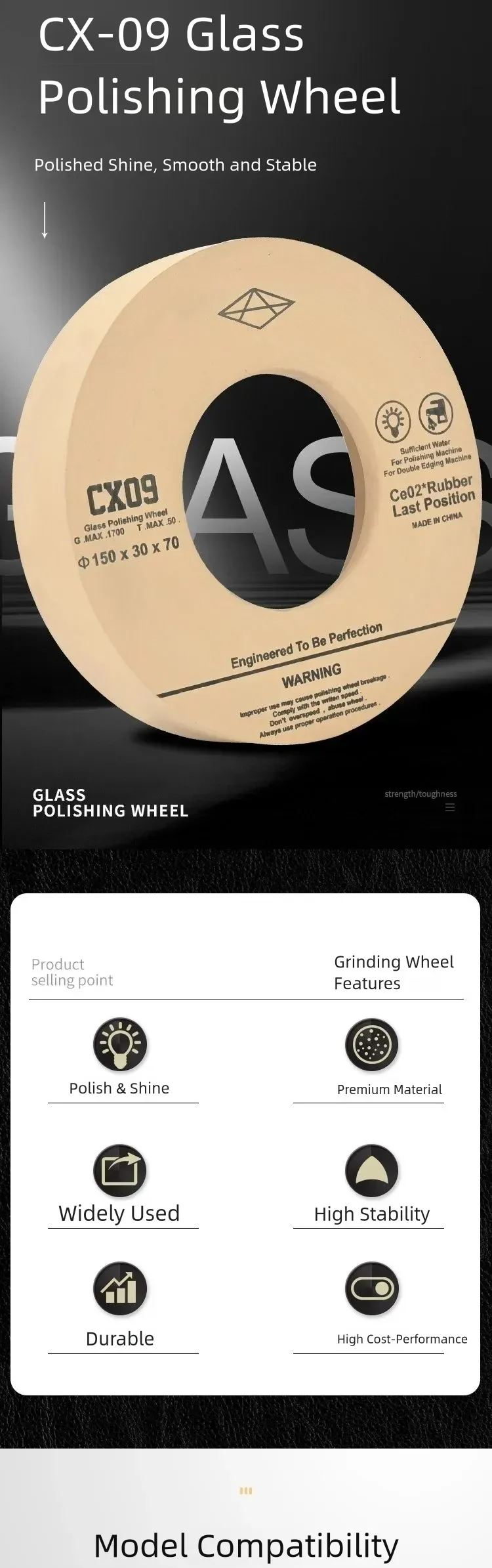 CX09 Fine Glass Polishing Wheel for Double-Edging Machines product detail 1: material, dimensions and drilling application