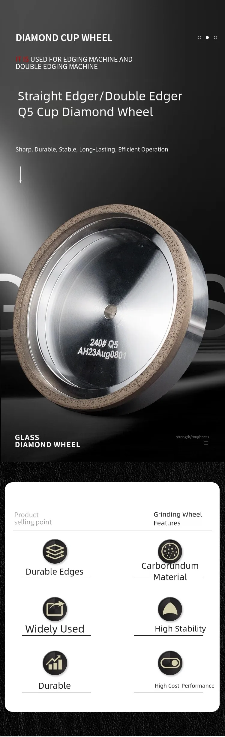 Diamond Cup Wheel for Glass Edging Machines product detail 1: material, dimensions and drilling application