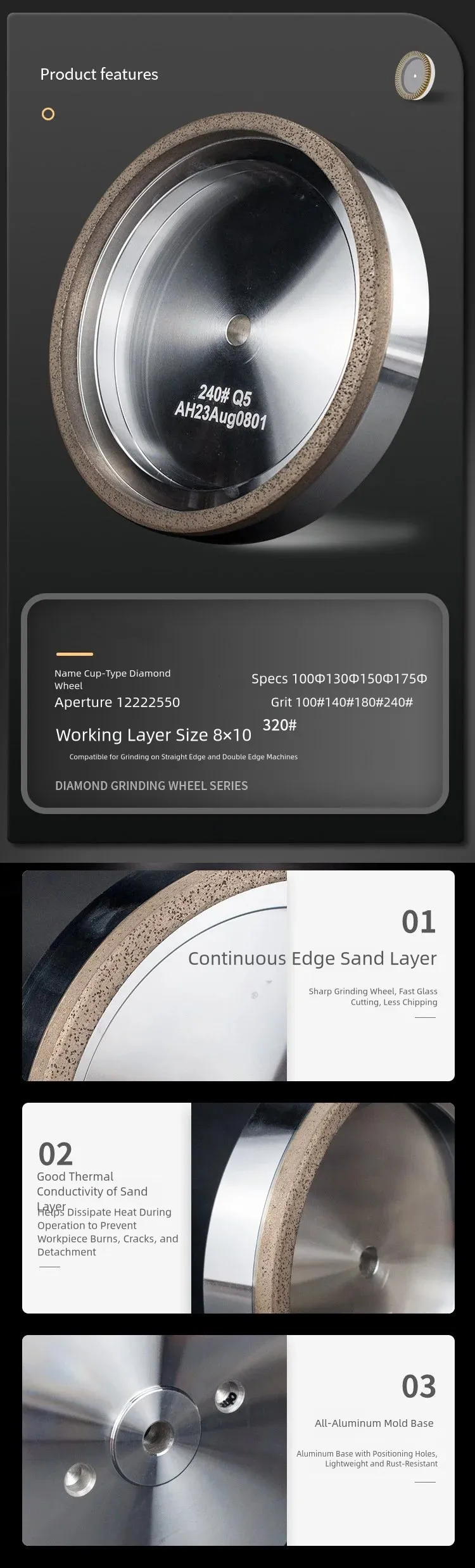 Diamond Cup Wheel for Glass Edging Machines product detail 2: material, dimensions and drilling application