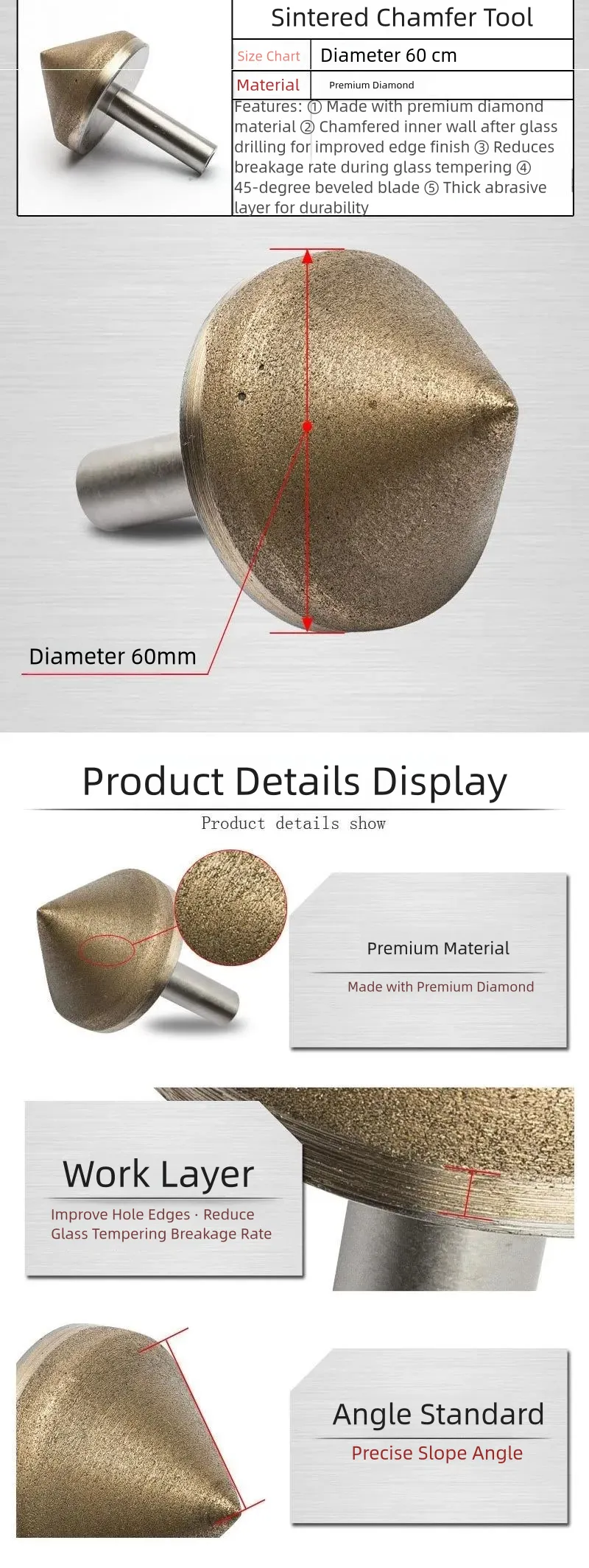 Diamond Glass Hole Chamfer Bit and Conical Countersink Tool product detail 2: material, dimensions and drilling application