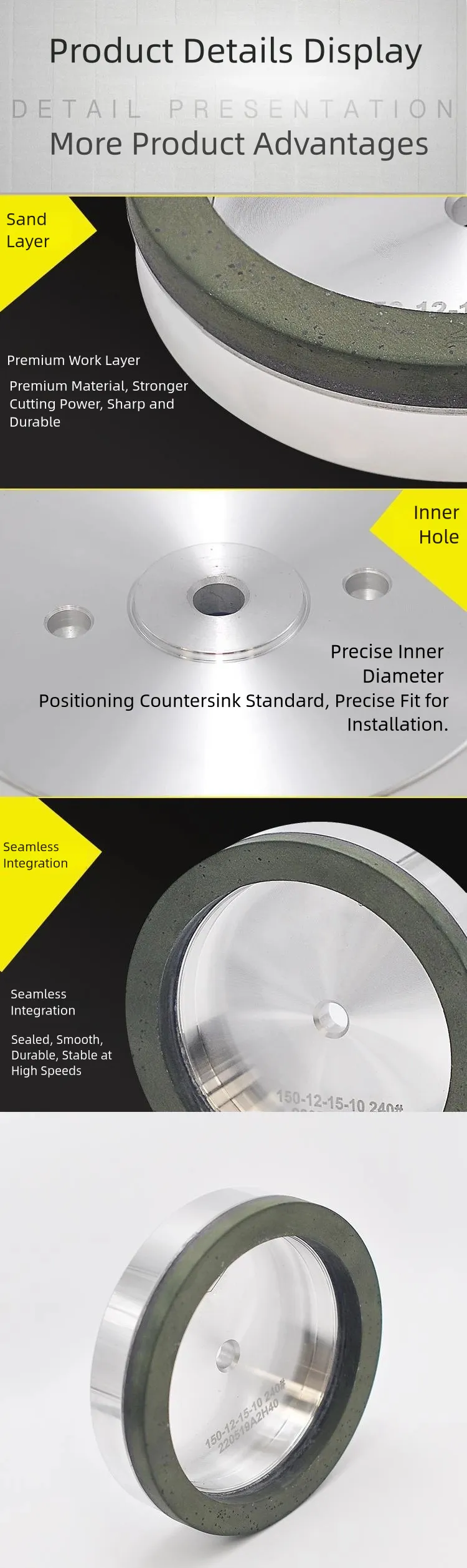 Green Resin Wheel for Glass Edging Machines product detail 2: material, dimensions and drilling application