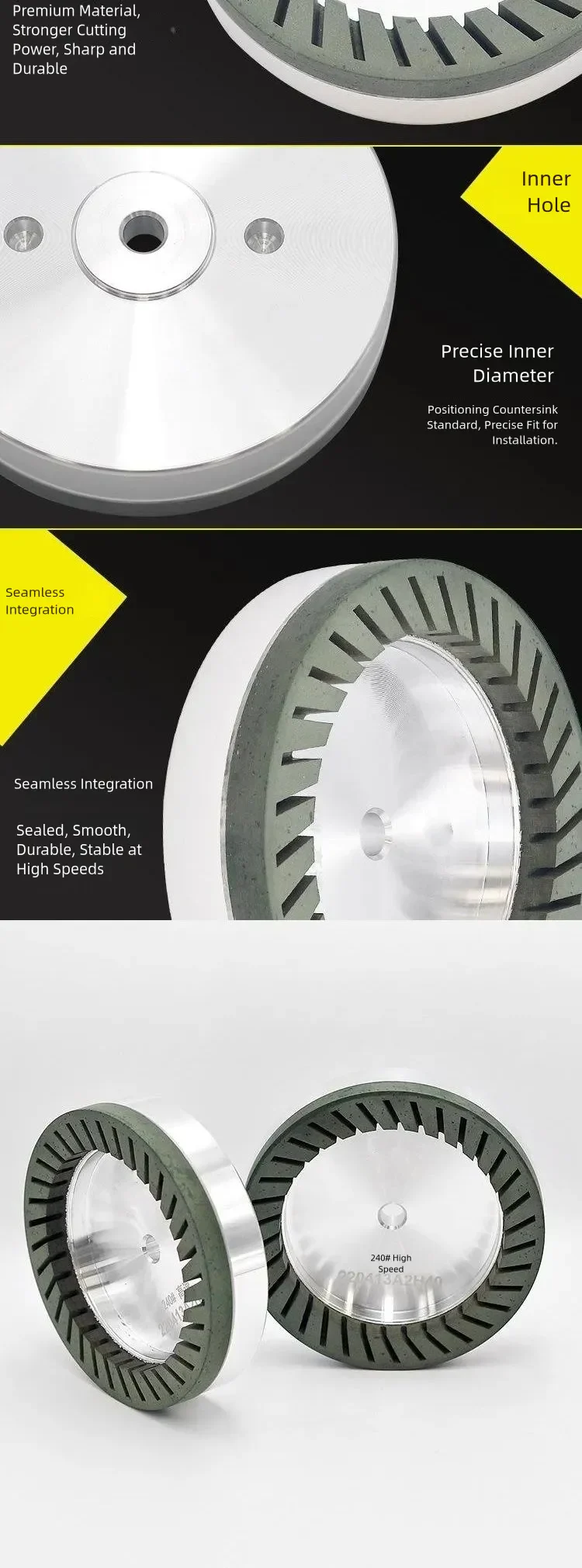 Green Toothed Resin Wheel for High-Speed Glass Double Edgers product detail 3: material, dimensions and drilling application