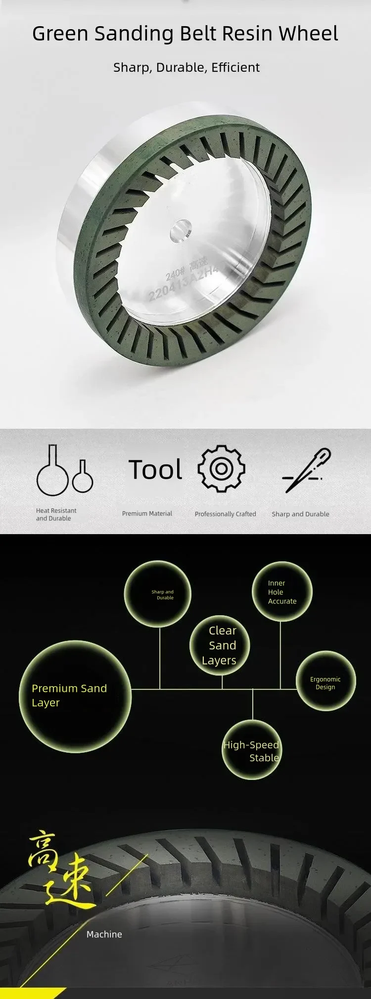 Green Toothed Resin Wheel for High-Speed Glass Double Edgers product detail 1: material, dimensions and drilling application