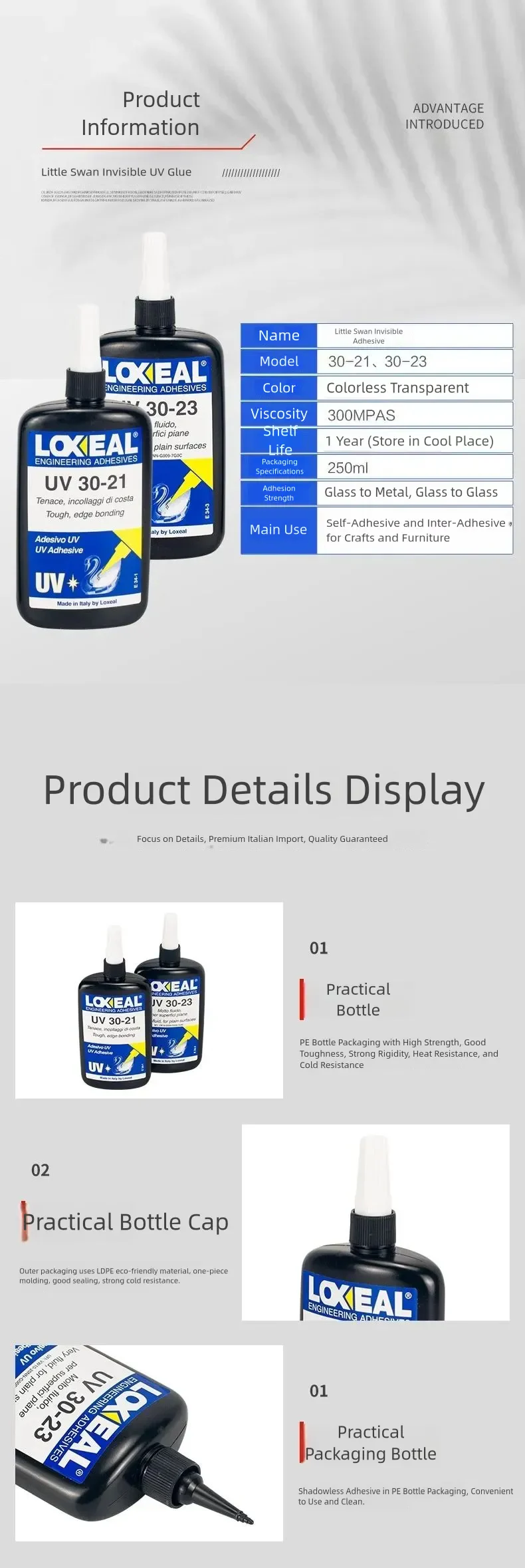 Little Swan UV Glass Adhesive for Glass Bonding product detail 2: material, dimensions and drilling application