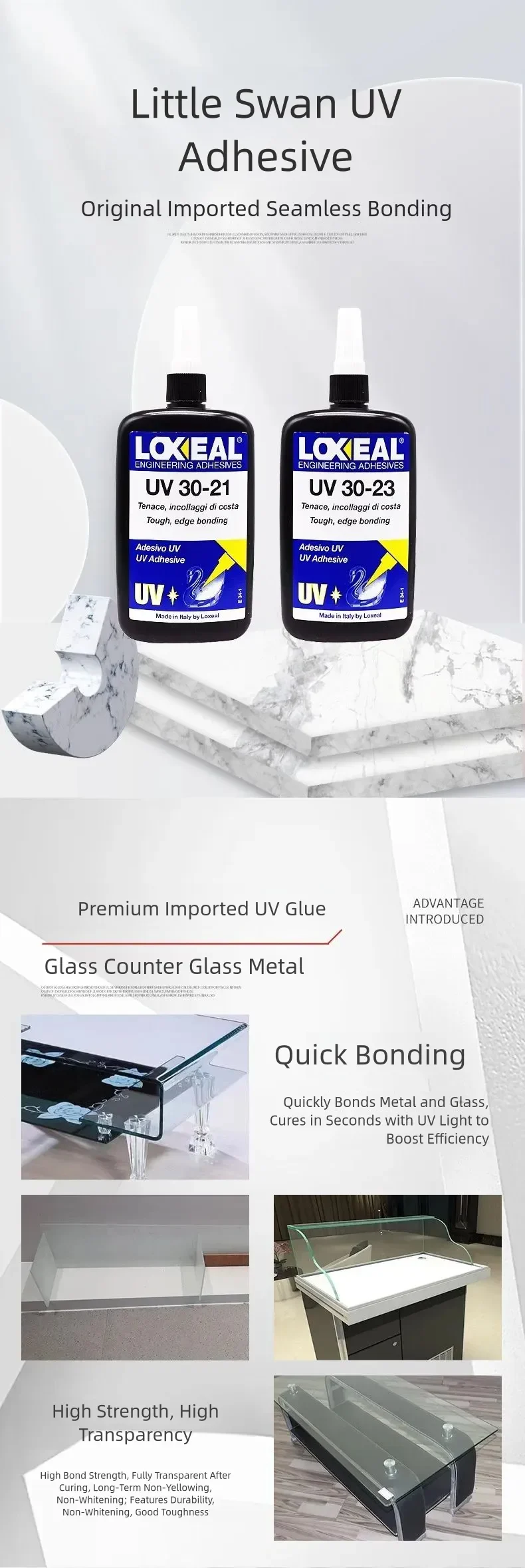 Little Swan UV Glass Adhesive for Glass Bonding product detail 1: material, dimensions and drilling application