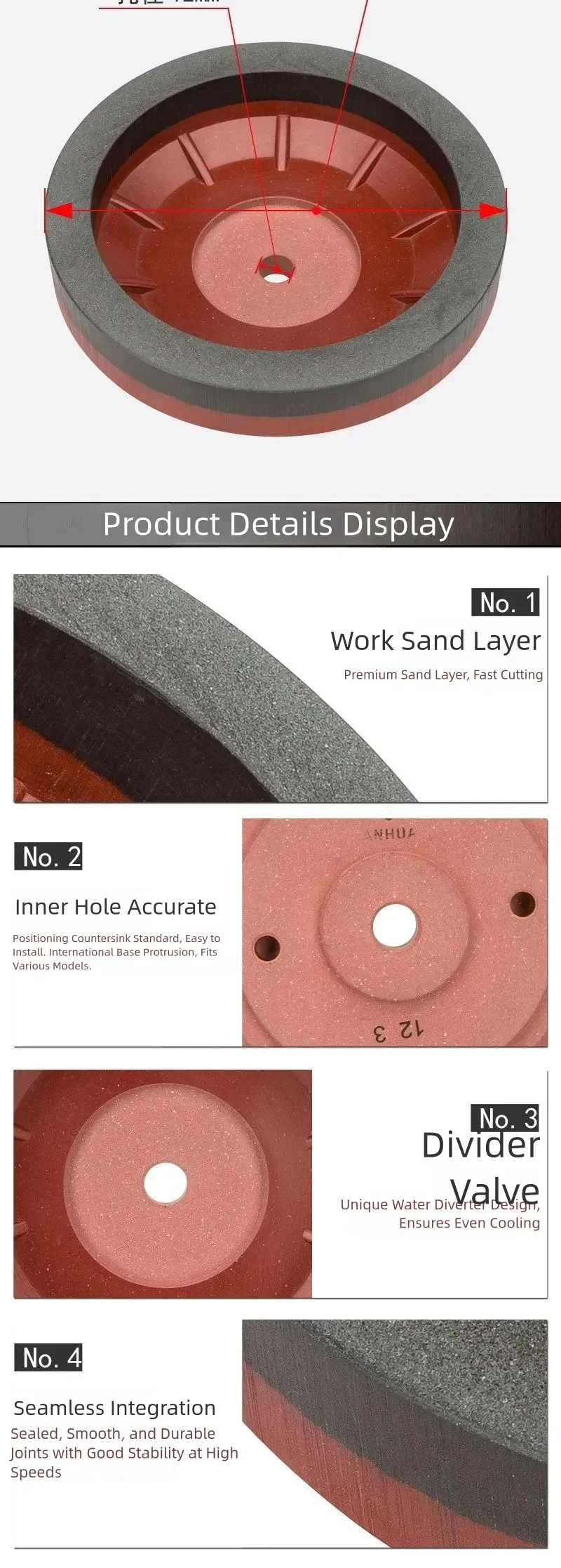 Red-Base Resin Wheel for Glass Beveling Machines product detail 2: material, dimensions and drilling application