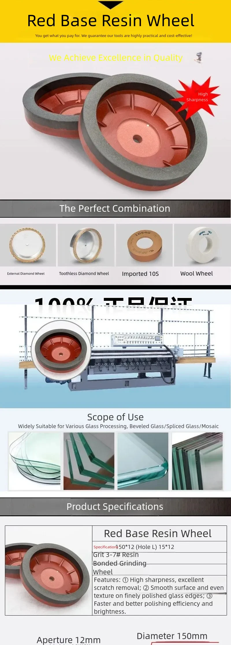 Red-Base Resin Wheel for Glass Beveling Machines product detail 1: material, dimensions and drilling application