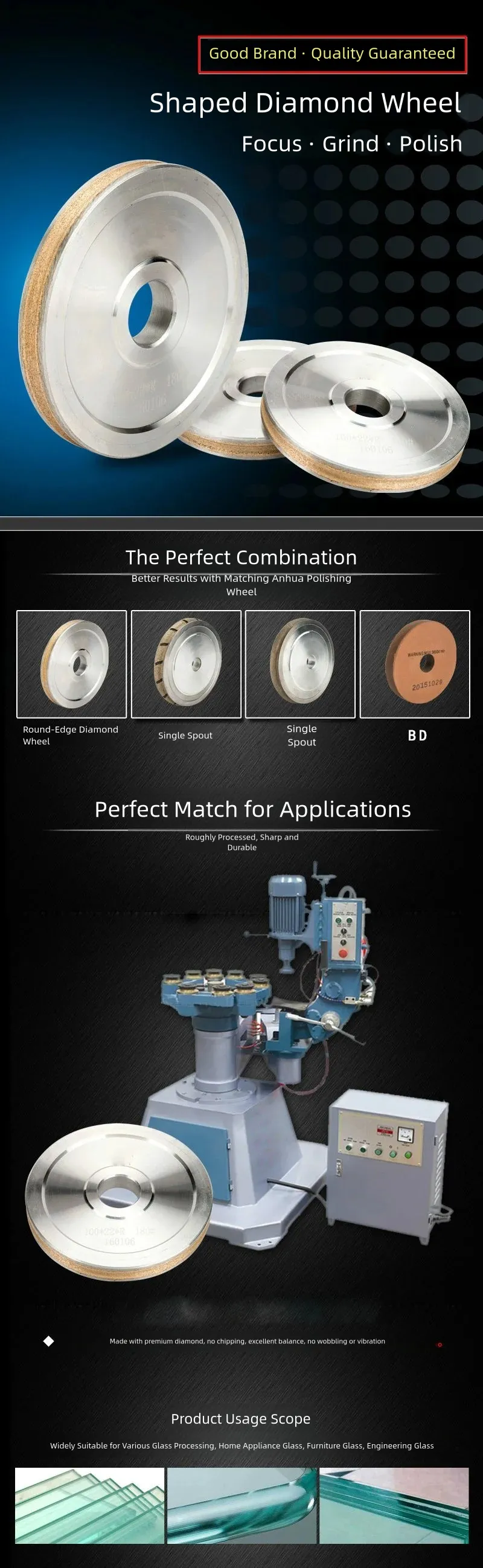 Round-Edge Diamond Wheel for Glass Edging Machines product detail 1: material, dimensions and drilling application