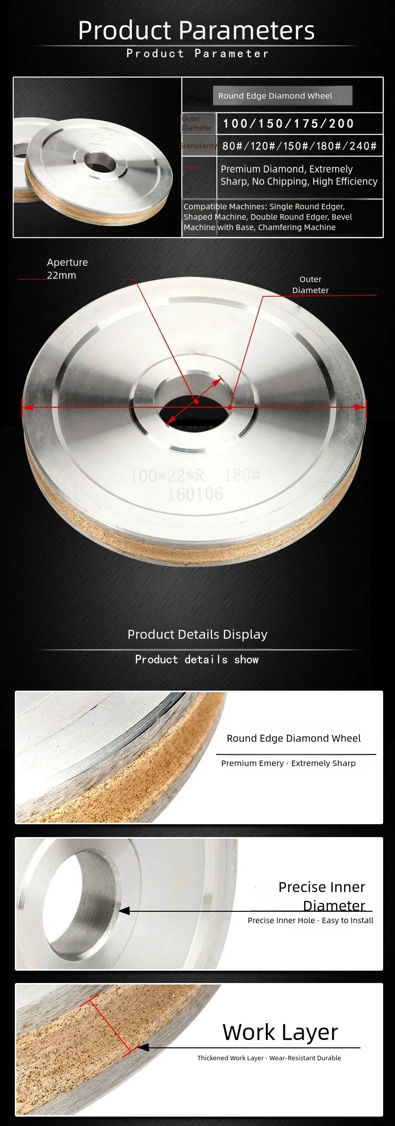 Round-Edge Diamond Wheel for Glass Edging Machines product detail 2: material, dimensions and drilling application