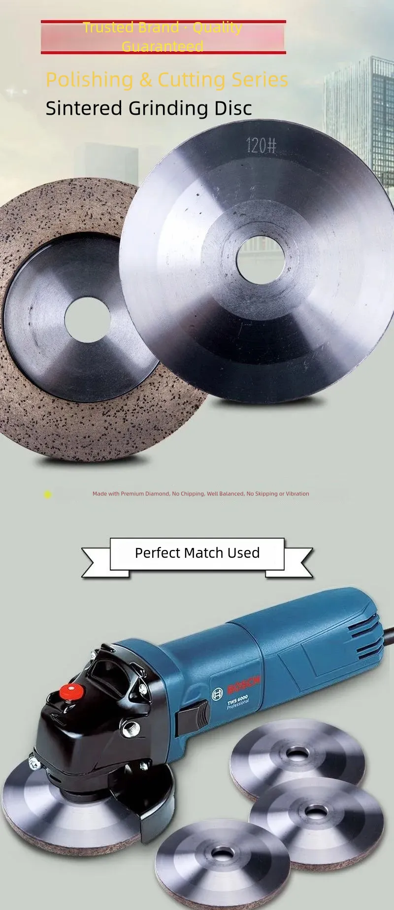 Sintered Diamond Grinding Disc for Manual Glass Edge Grinding product detail 1: material, dimensions and drilling application