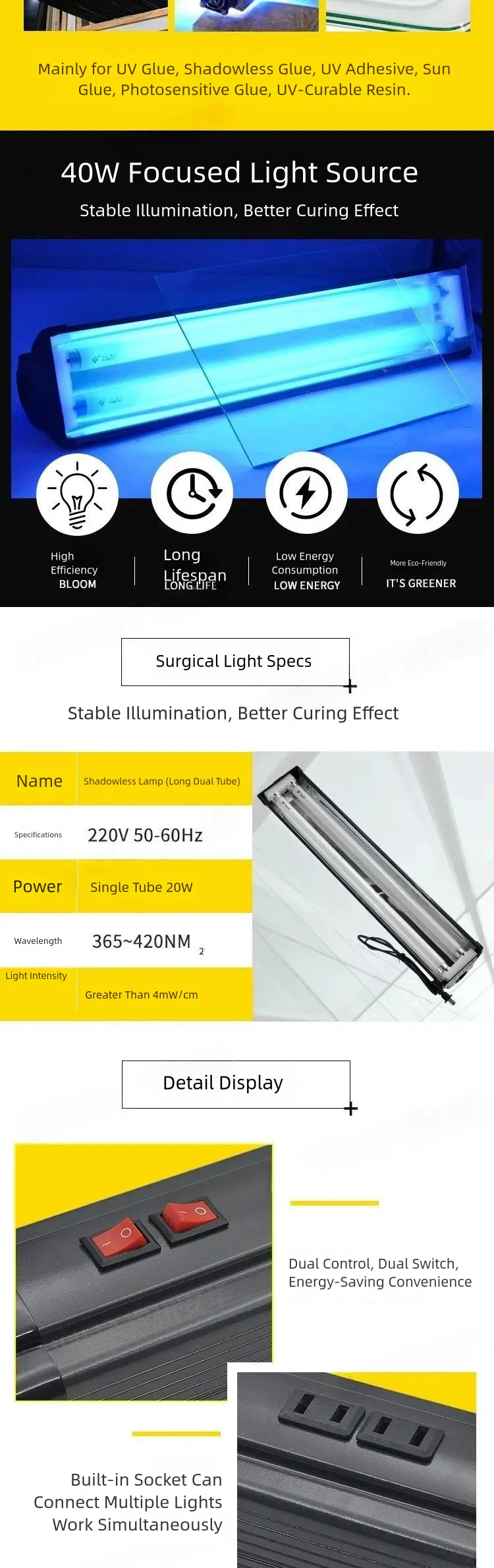 UVA-40W Double-Tube UV Curing Lamp for Glass Adhesive product detail 2: material, dimensions and drilling application