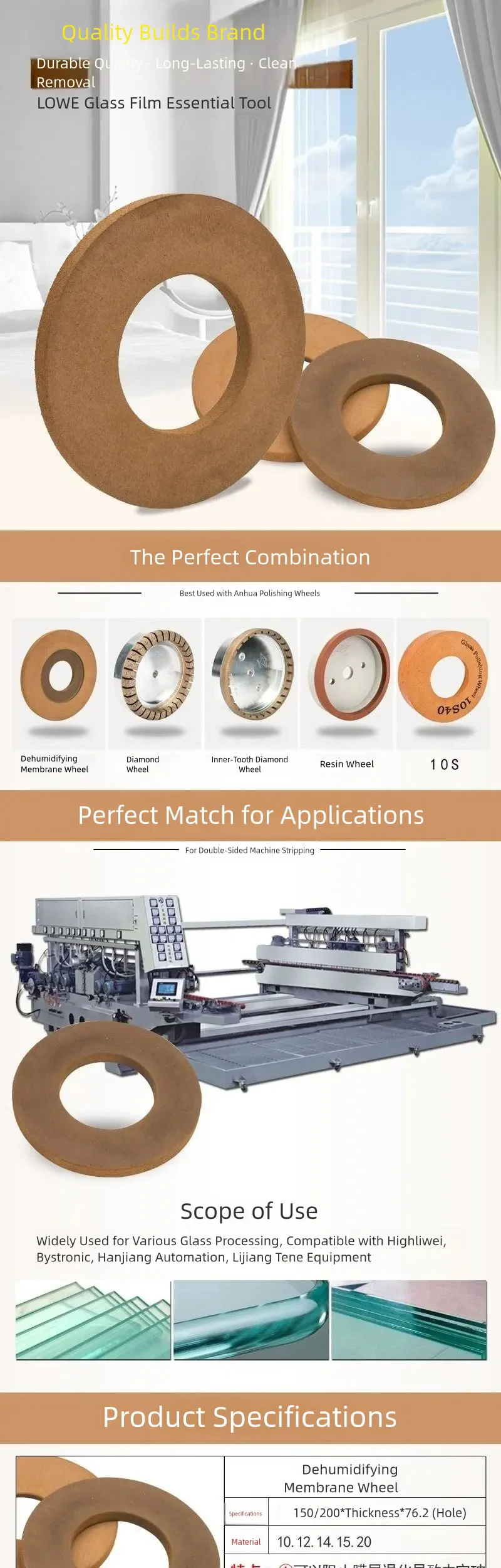 Wet Low-E Glass Coating Removal Wheel for Double Edging Machines product detail 1: material, dimensions and drilling application