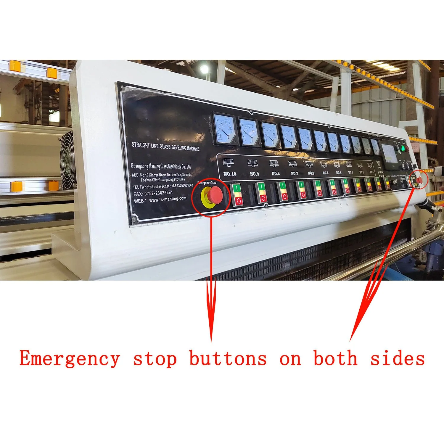 Glass beveling machine control panel with emergency stop controls