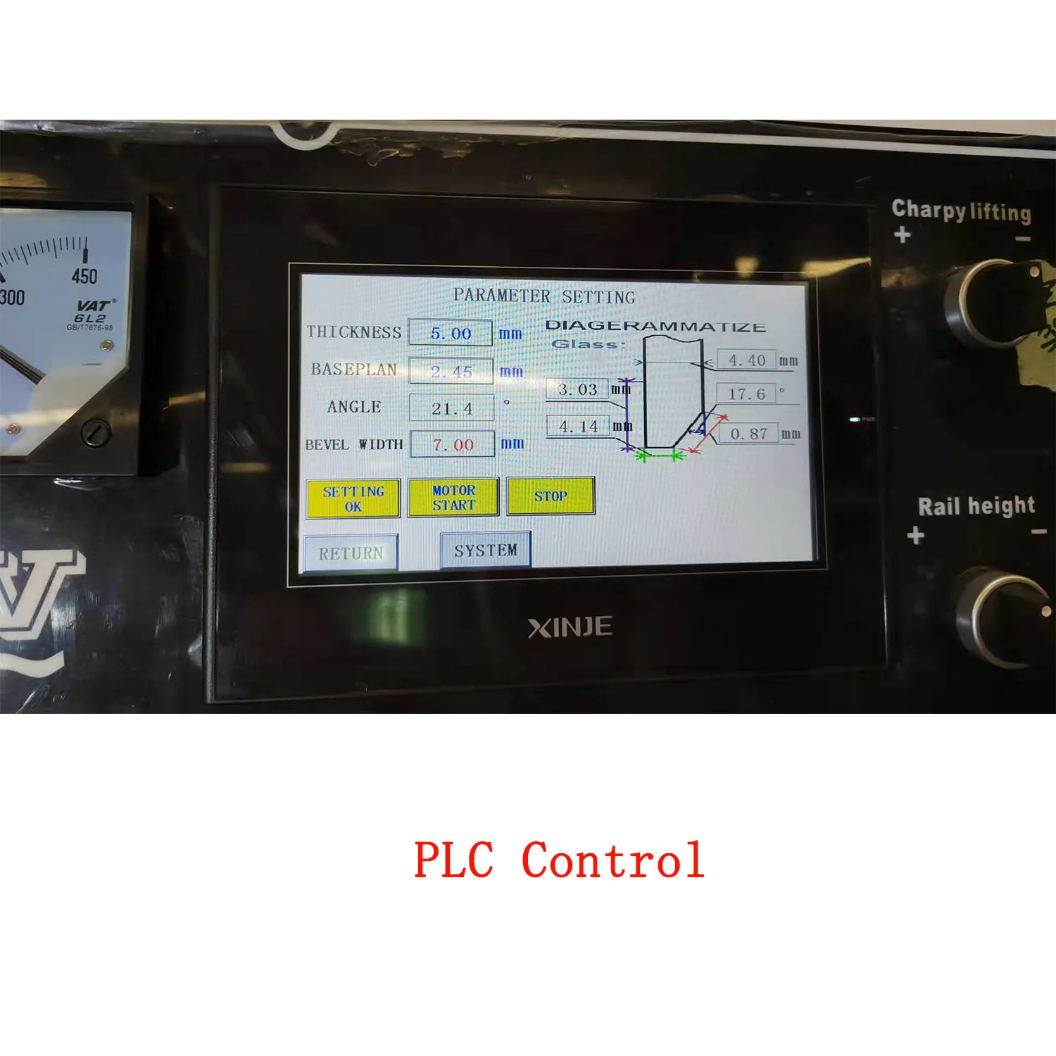 PLC bevel angle and width settings on a glass beveling machine