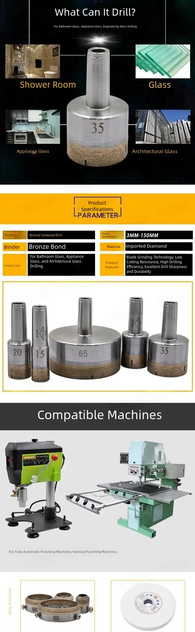 Diamond Glass Drill Bit for Clean Hole Drilling product detail 2: material, dimensions and drilling application