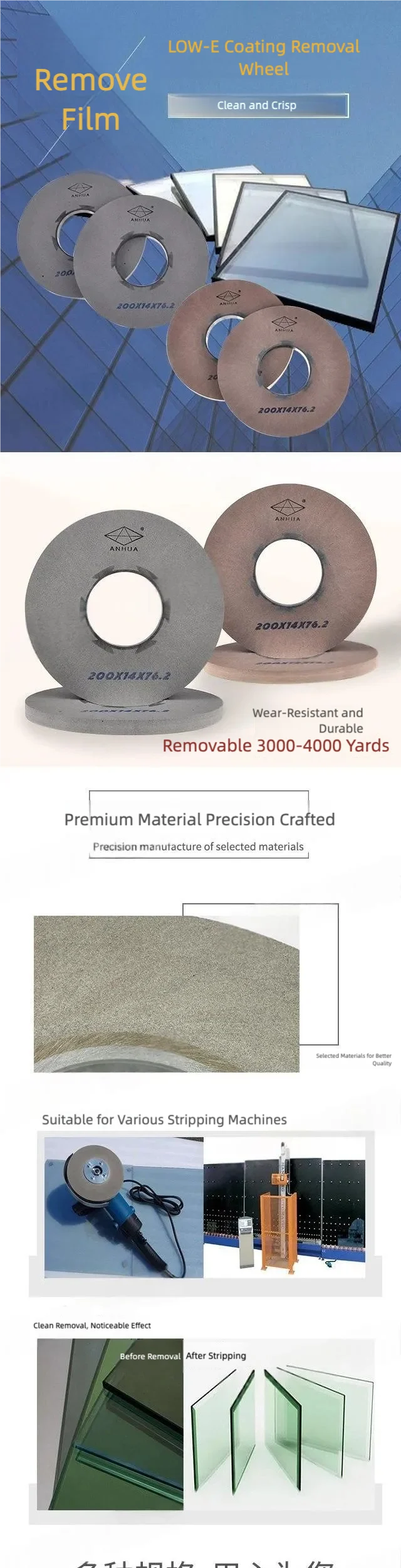 Low-E Glass Coating Removal Wheel for Insulating Glass product detail 1: material, dimensions and drilling application